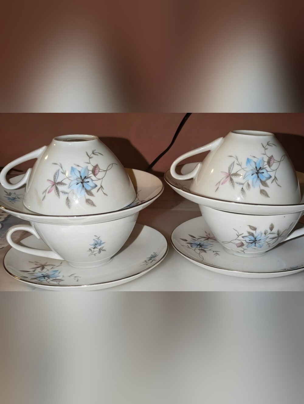 Vintage Royal Heiden Society China Teacups & Saucers - Set of 4 "Blue Fantasy"
